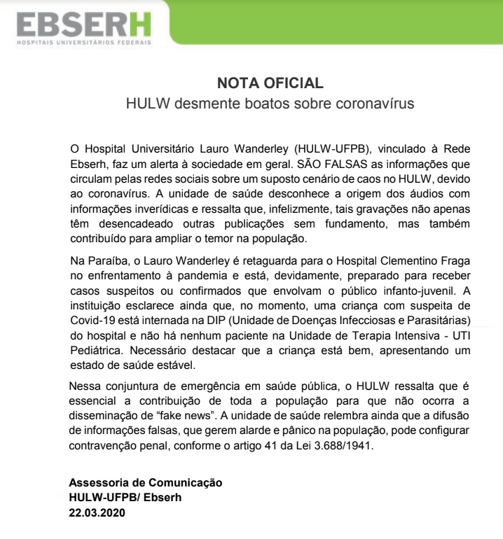 Hospital Universitário LW  rebate notícias falsas sobre caos e diz está preparado para possíveis casos de crianças com Coronavírus