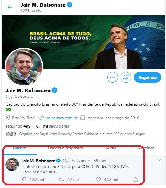 Presidente Bolsonaro informa por twitter que segundo teste para coronavírus deu negativo