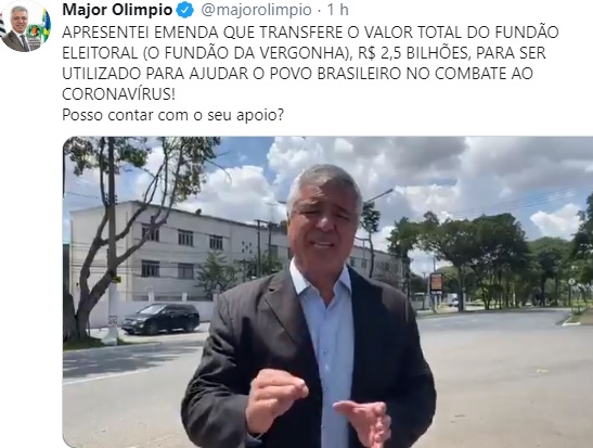 E AGORA CONGRESSO ? Senador Major Olímpio apresenta emenda que transfere R$ 2,5 bilhões do Fundo Eleitoral para população brasileira no combate ao coronavírus