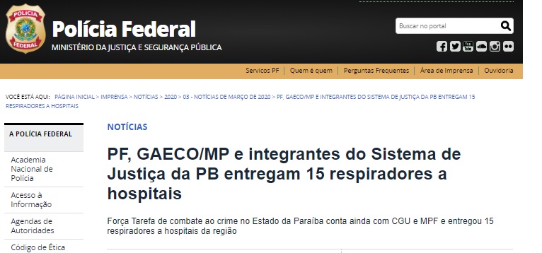 Polícia Federal destaca doação de R$ 825 mil em respiradores à rede de saúde da Paraíba, recursos recuperados na Calvário pelo Gaeco/MPPB, MPF, PF