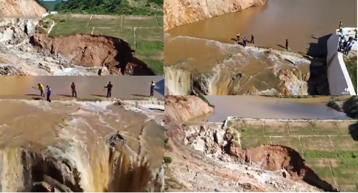 VEJA VÍDEO – Governo tenta conter rompimento de barragem no Sertão da Paraíba e operários arriscam a vida para evitar tragédia
