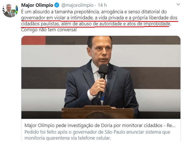 IMPEACHMENT – Governador João Dória é denunciado por monitoramento de cidadãos sob alegação de fiscalizar quarentena, e senador Major Olímpio pede para juntar documentos ao pedido de afastamento do gestor na AL