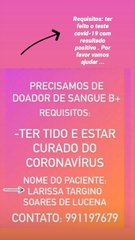 URGENTE DOADORES – famílias apelam a quem já teve covid-19 e ficou curado que possa ser doador para salvar vidas