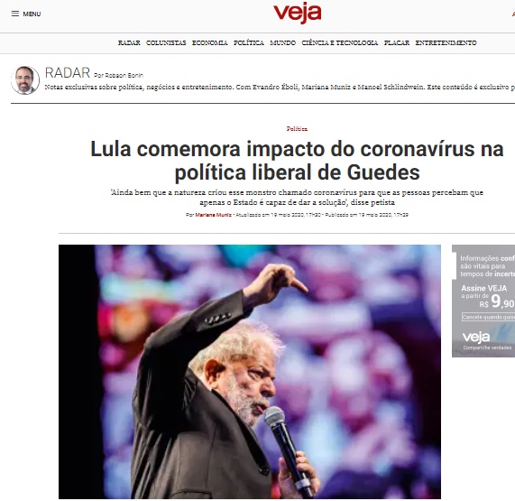 VEJA VÍDEO – Lula comemora impacto do coronavírus na política liberal de Guedes, diz VEJA