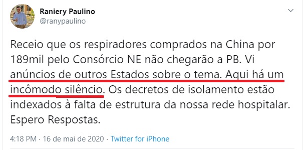 Deputado registra como “incômodo silêncio” a omissão do Governo da Paraíba sobre compra de respiradores no Consórcio Nordeste