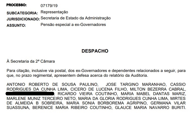 DECISÃO DO STF NÃO É CUMPRIDA NA PB – TCE cita 6 ex-governadores que recebem pensão de R$ 23 mil para apresentarem defesa em representação do MP de Contas que pede a suspensão dos pagamentos