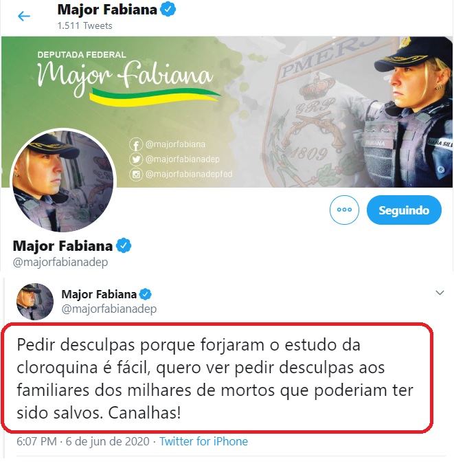 E AGORA OMS ? – “Pedir desculpas porque forjaram o estudo da cloroquina é fácil, quero ver pedir desculpas aos familiares dos milhares de mortos que poderiam ter sido salvos. Canalhas!”, afirma deputada federal Major Fabiana