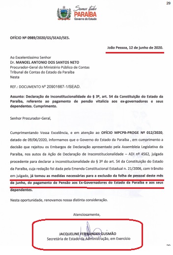 VEJA DOCUMENTO – Atendendo decisão do STF, Governo da Paraíba exclui da folha o pagamento de pensões especiais a ex-governadores a partir deste mês de junho