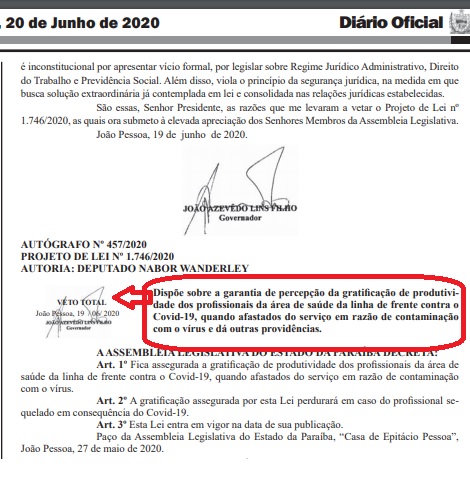 Governador João Azevedo, alega inconstitucionalidade e veta projeto de lei que garantiria  gratificação de produtividade a profissionais de saúde afastados da atividade por contaminação com Covid-19