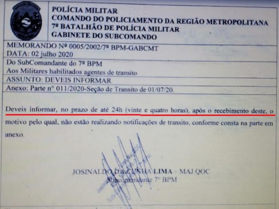 VEJA DOCUMENTO – Em plena pandemia Comando da PM exige explicação de policiais que não realizaram notificação de trânsito no mês de junho