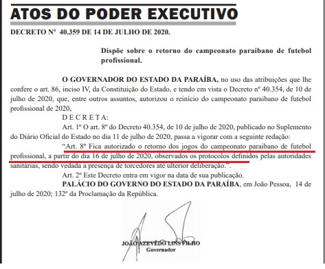 Novo decreto do governador João Azevedo autoriza reinício do Campeonato Paraibano, sem torcida, a partir desta quinta-feira, dia 16