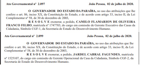 DIÁRIO OFICIAL – Governador João Azevedo exonera gerentes executivo e operacional das Casas da Cidadania na Paraíba