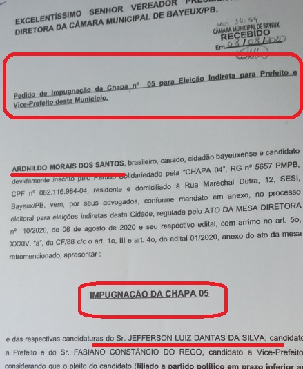Constituição Federal e Legislação Eleitoral tornam inelegíveis 5 chapas inscritas para concorrer às eleições indiretas de prefeito de Bayeux, afirma Cel Ardnildo que impugnou as candidaturas