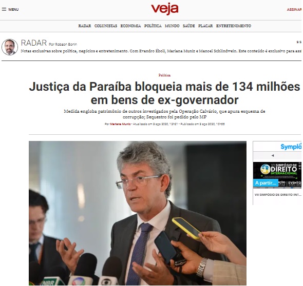 CALVÁRIO NA MÍDIA NACIONAL -Veja destaca bloqueio de R$ 134 milhões do ex-governador Ricardo Coutinho pela Justiça da Paraíba no âmbito da Operação Calvário