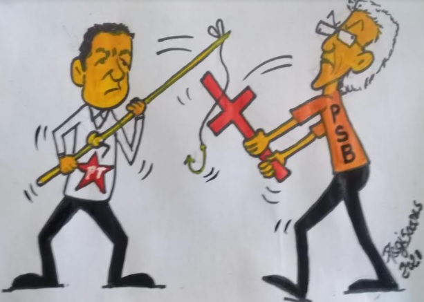 CHARGE DO RÉGIS SOARES  – Litígio de Anísio Maia e Ricardo Coutinho por apoio do PT na disputa pela Prefeitura de João Pessoa inspira o chargista