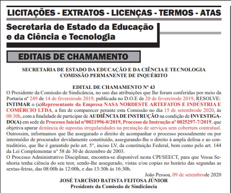 VEJA INTIMAÇÃO – Sindicância apura supostas irregularidades em prestação de serviço por empresa à Secretaria Estadual de Educação