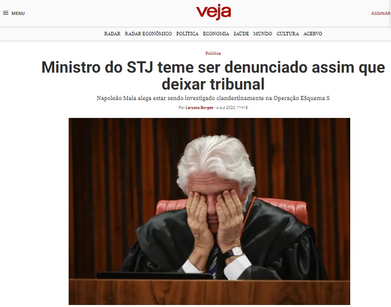 “Ministro do STJ teme ser denunciado assim que deixar Tribunal”, diz VEJA sobre Napoleão Nunes Maia, que absolveu RC no TSE, e concedeu liminar para soltura de Coutinho da prisão