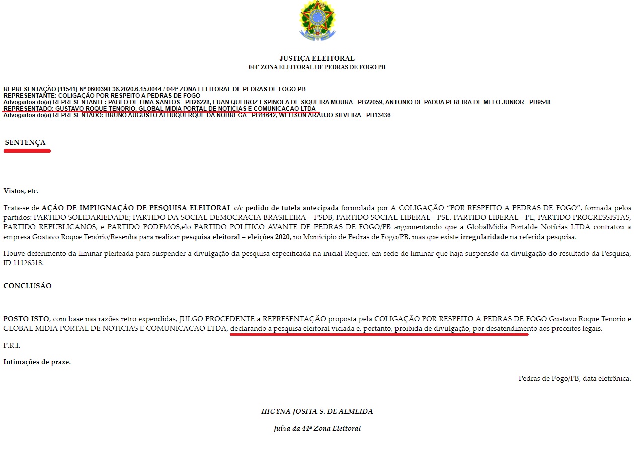 ALERTA ! – Empresa Gustavo Roque Tenório/Resenha, proibida pela Justiça Eleitoral de divulgar pesquisa em Pedras de Fogo, agora tenta em João Pessoa e Jurídico de Edilma Freire promove impugnação