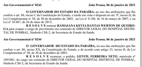 VEJA PUBLICAÇÃO – Governador João Azevedo muda direção geral do Hospital Distrital da cidade de Pombal, no Sertão do estado