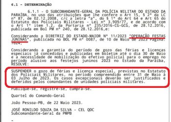 DOCUMENTO- Veja publicação em que Governo suspende férias e licenças dos PMs por falta de efetivo
