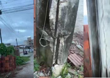 Poste deteriorado ameaça ruir e moradores pedem solução da Energisa para evitar acidente no Valentina